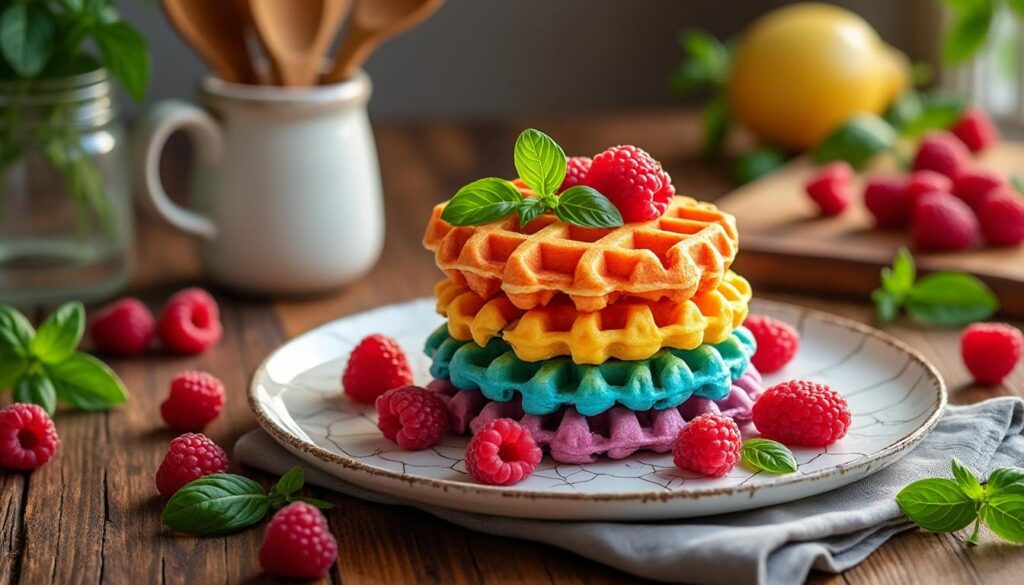 découvrez notre recette facile et rapide de gaufres arc en ciel à la framboise et au basilic, pour un dessert coloré et rafraîchissant qui ravira petits et grands.