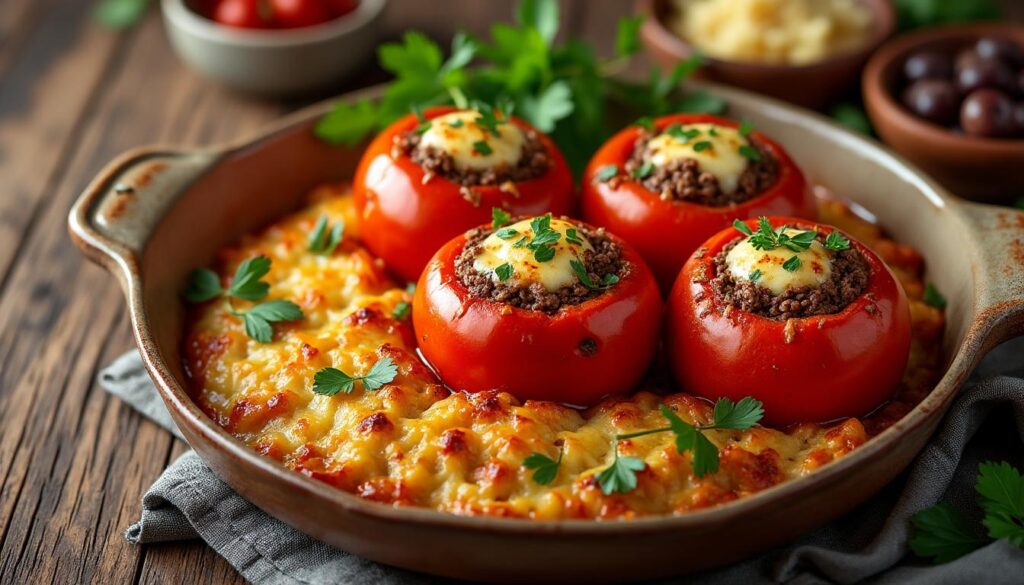 découvrez une recette simple et savoureuse de tomates farcies accompagnées de riz au four, idéale pour un repas gourmand et facile à préparer.