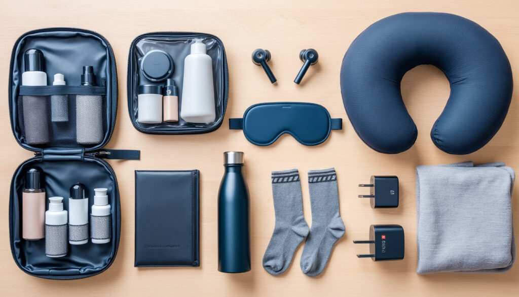 découvrez notre kit pour voyager en avion, composé d'accessoires pratiques et conformes aux normes pour un vol confortable et sans souci.