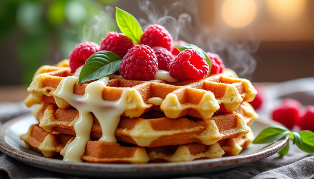découvrez une recette facile et gourmande de gaufres au chocolat blanc, framboises fraîches et basilic, parfaite pour un dessert original et savoureux.